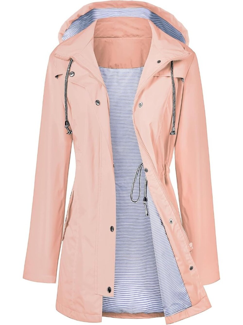Women Pink Hooded Waterproof Adjustable Drawstring Windbreaker Trench Rain Coat